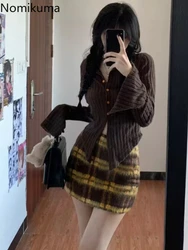 Two Piece Sets Womens Skirt Outfits Roupas Femme Slim Waist Vintage Knitted Sweater High Waist Plaid Bodycon Mini Skirt Set