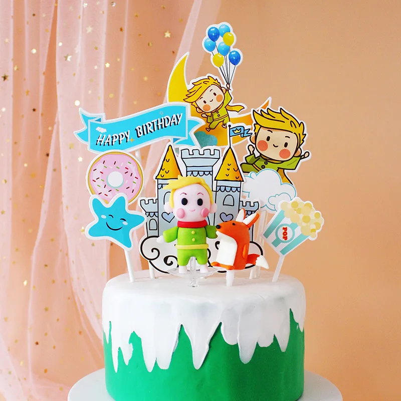 Prince Cake Topper Balloon Castle Star Moon Happy Birthday Kids Party Baby Shower Cupcake Toppers Decoration Baking Supplies DIY