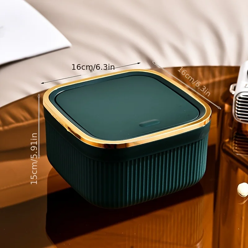 Square Press Type Mini Trash Can Quiet Close Elegant Ribbed Design with Golden Accents Plastic Desktop Bin Bathroom Home Use