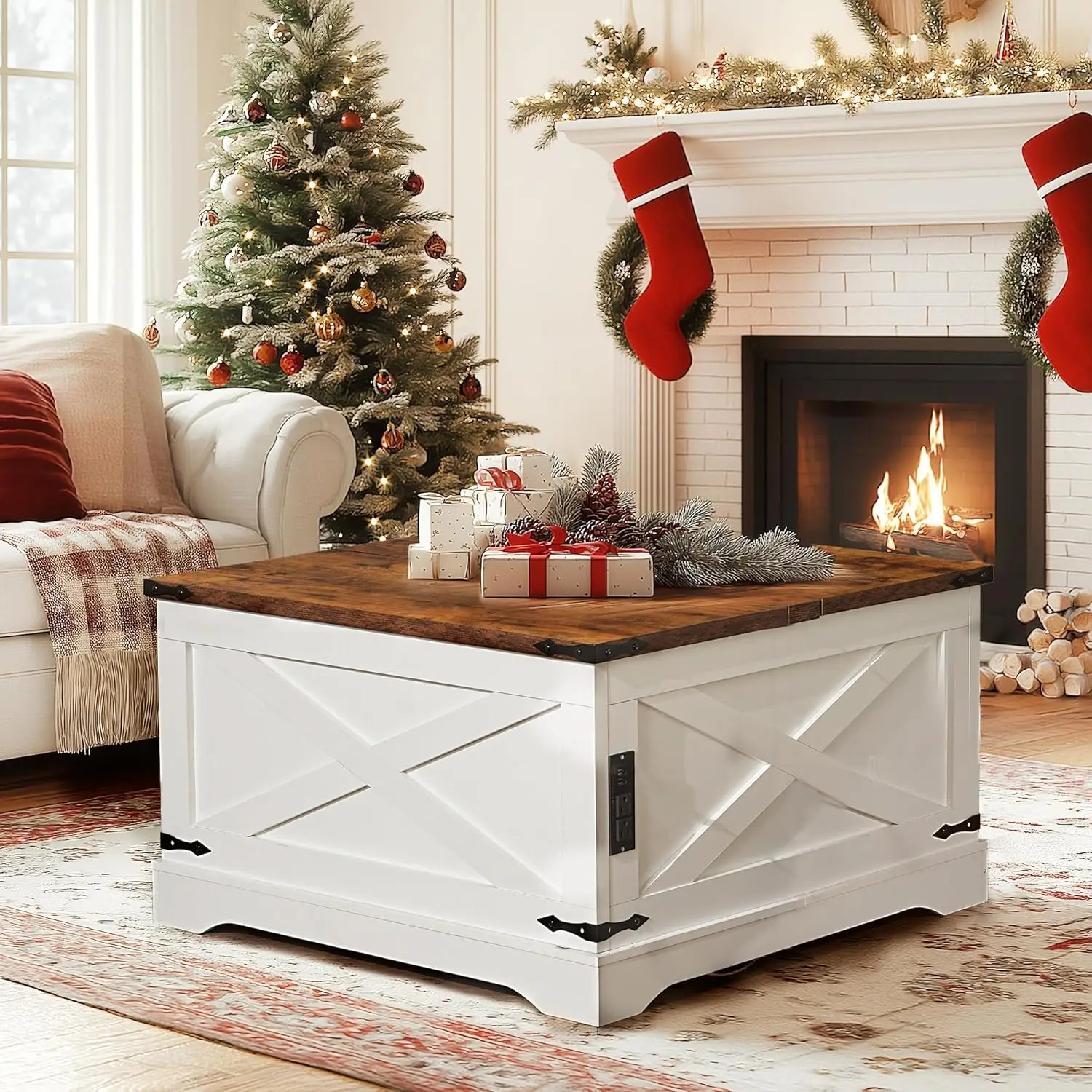 Sogeshome Coffee Table With Lifting Top With Power Output, 35.4'' Square Table With Large Hidden Storage, Farmhouse Coffee