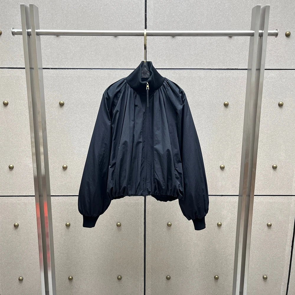 Women Cropped Jacket Stand Collar Gathered Pleated Zip‑Up Balloon Long Sleeve Loose Casual Lady Bomber Coat Outerwear