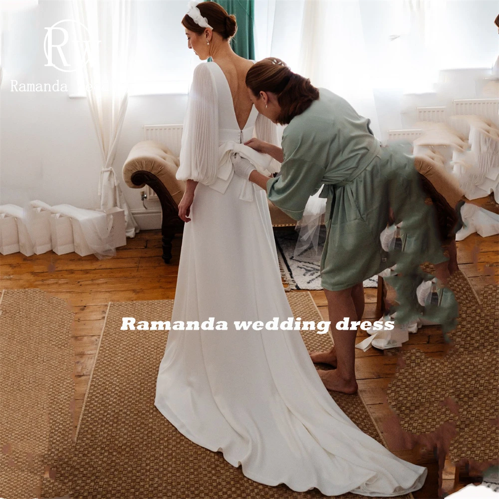 Ramanda Customized Simple Puff Sleeves Deep V-Neck Mermaid Wedding Dress Women Backless Floor-Length Sweep Train Ruffles 2025