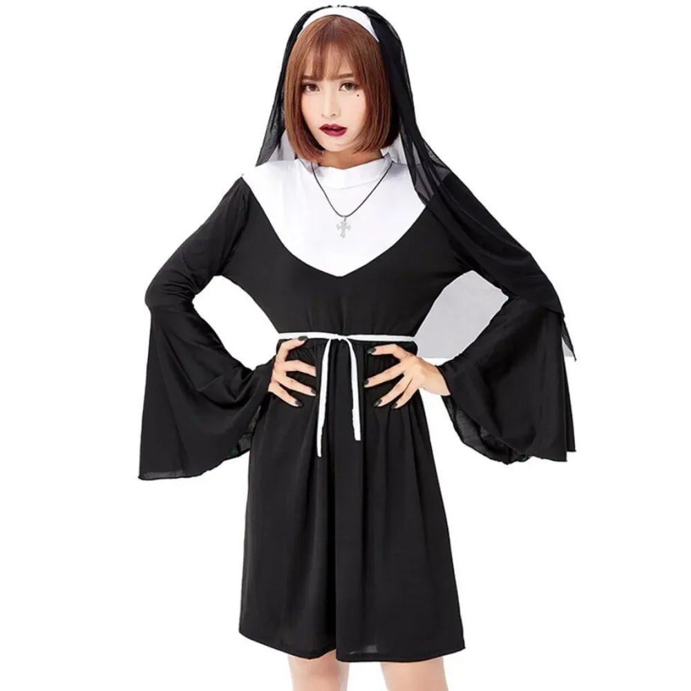 Costume de nonne de mauvaise habitude pour femme, uniforme de cosplay, robe de paupières, fête d'Halloween, adulte, religieux, sexy, réglable