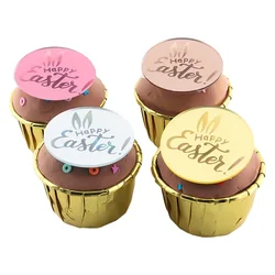 Easter Cake Toppers Acrylic Gold Silver Happy Easter Eggs Cake Toppers Round Cupcake Toppers Party Dessert Decoration
