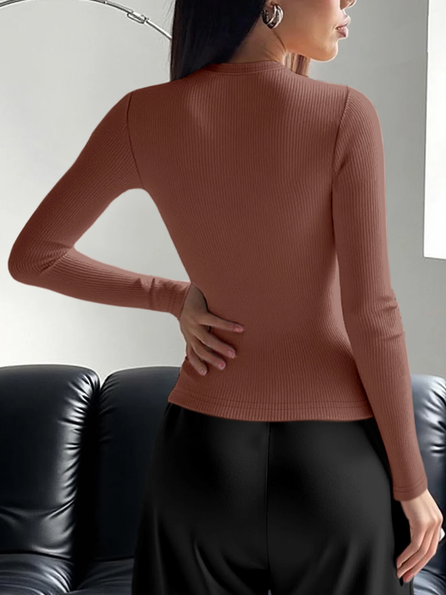 Täglich tragbares Damen-Rippenstrick-Oberteil mit Rundhalsausschnitt und langen Ärmeln, einfarbig, schmal geschnitten, weich, dehnbar, passendes T-Shirt – Detail 11
