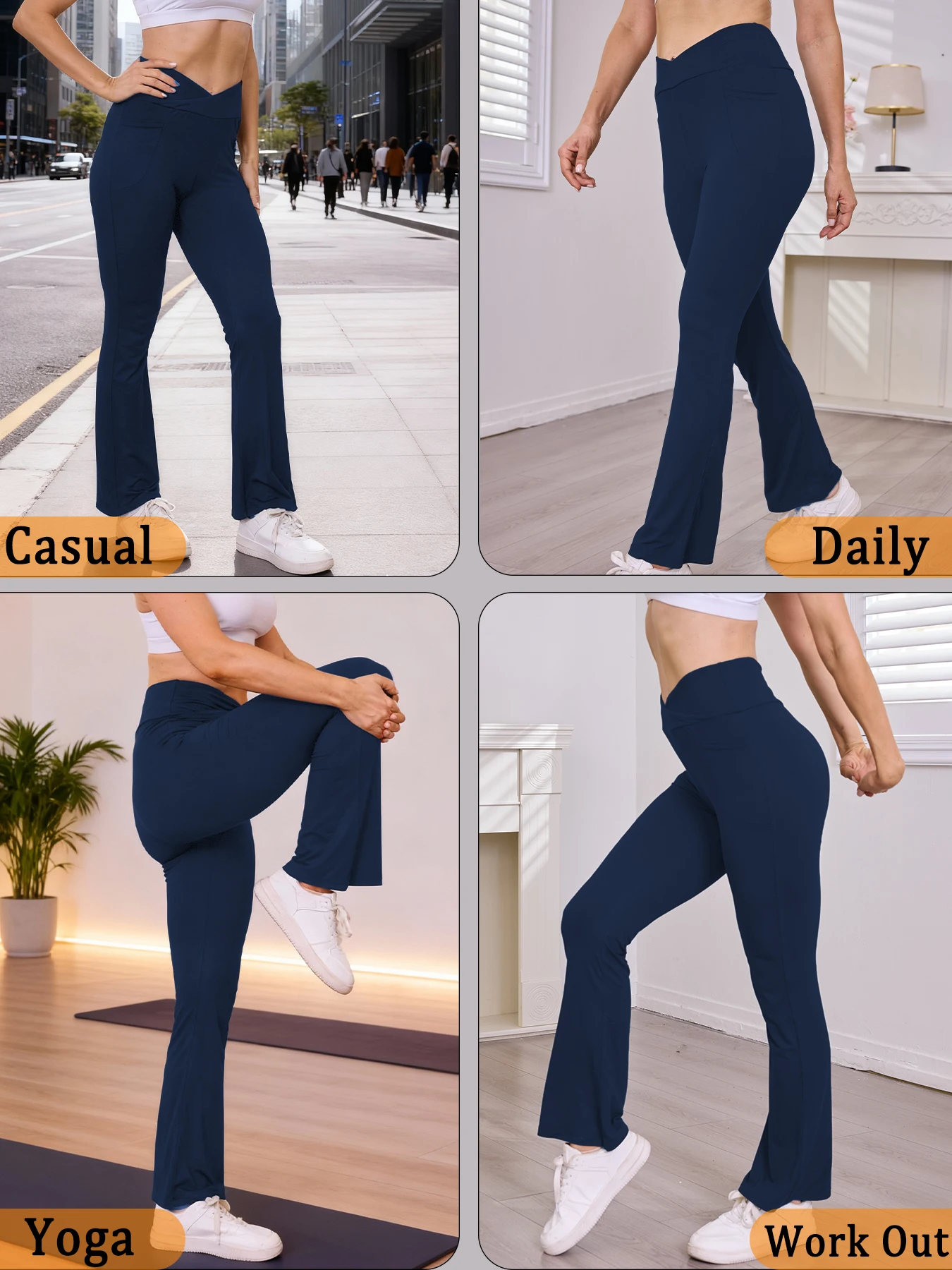 여성용 슈퍼 소프트 크로스오버 하이웨이스트 플레어 레깅스 (포켓 포함), 뱃살 보정 요가 부츠컷 벨바텀