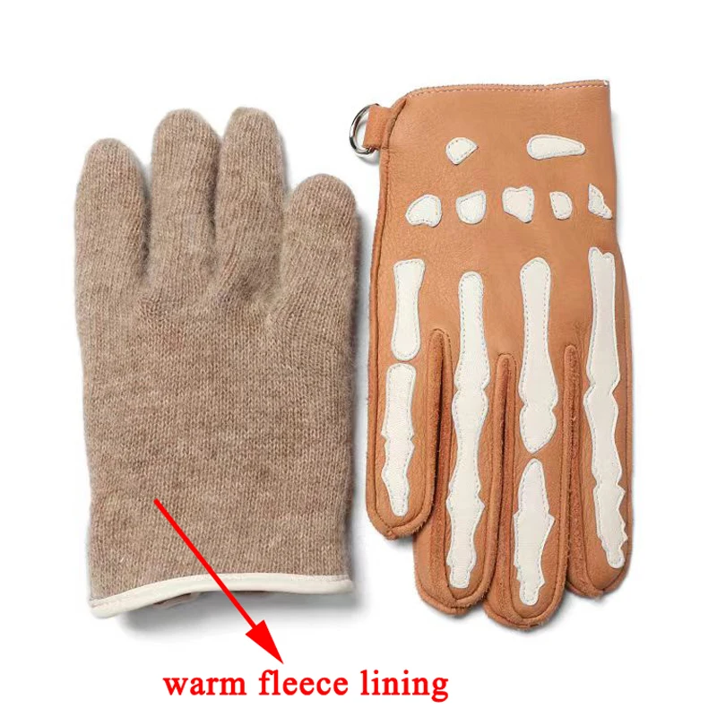 Warm Leather Gloves For Men Winter Male Skeleton Decoration Plus Fleece Lined Guantes de Cuero Riding Arm Warmer Christmas Gift