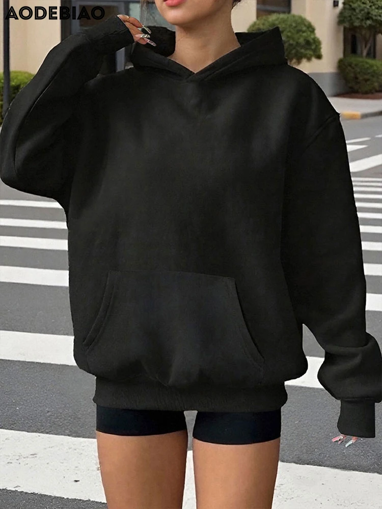 

AODEBIAO Women Sports Hooded Hoodie Autumn Winter Long Sleeves Fashion Coat Top Casual Streetwear Keep Warm Black Hoodie Women