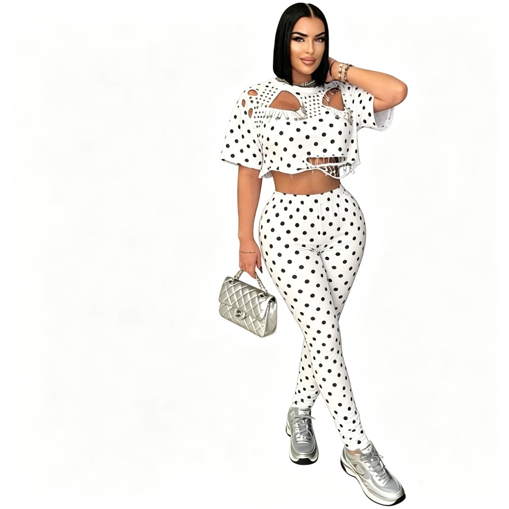 Vintage Polka Dot Zweiteiliges Set für Damen, Cutout-Fransen-Crop-Top, High-Waist-Hose, Streetwear-Outfit, Clubwear für den Abend. – Detail 6