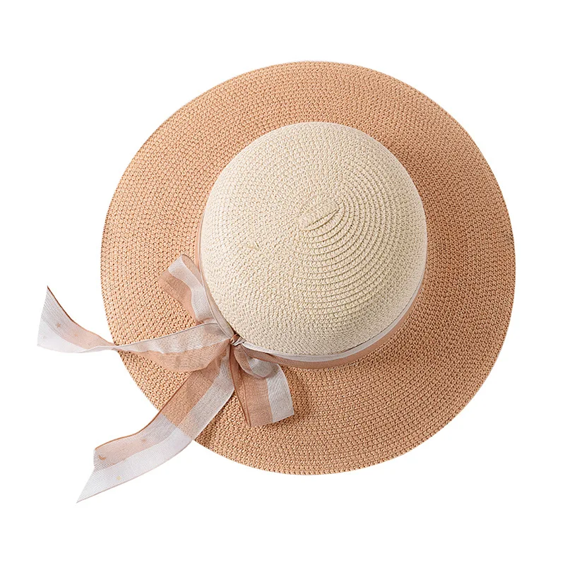 The New Color Patchwork Ribbon Straw Hat Female Summer Beach Holiday Beach Hat Travel Sun Protection Hat