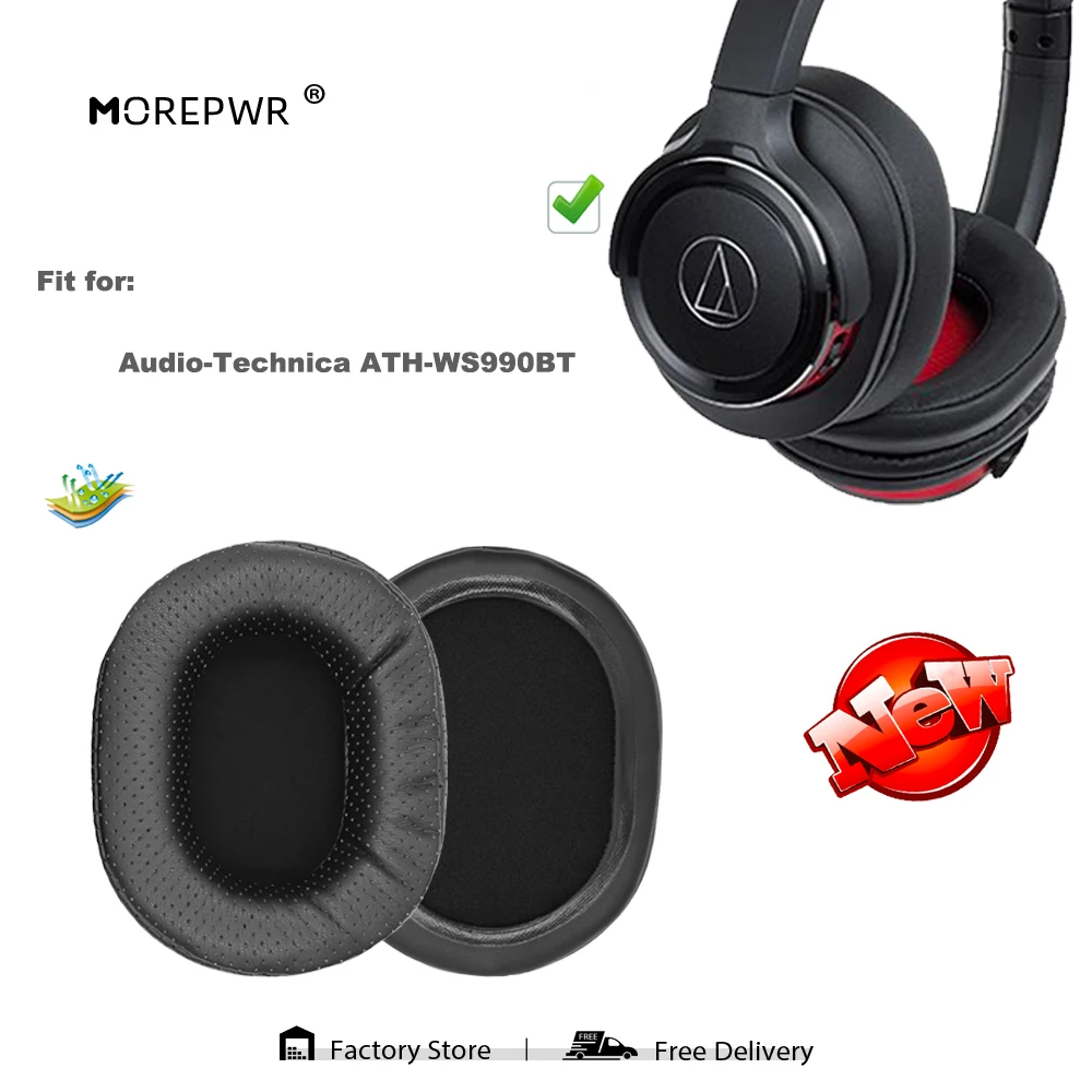 Morepwr-オーディオテクニカATH-WS990BT用交換用イヤーパッド,革クッション,ベルベットイヤホンの袖カバー