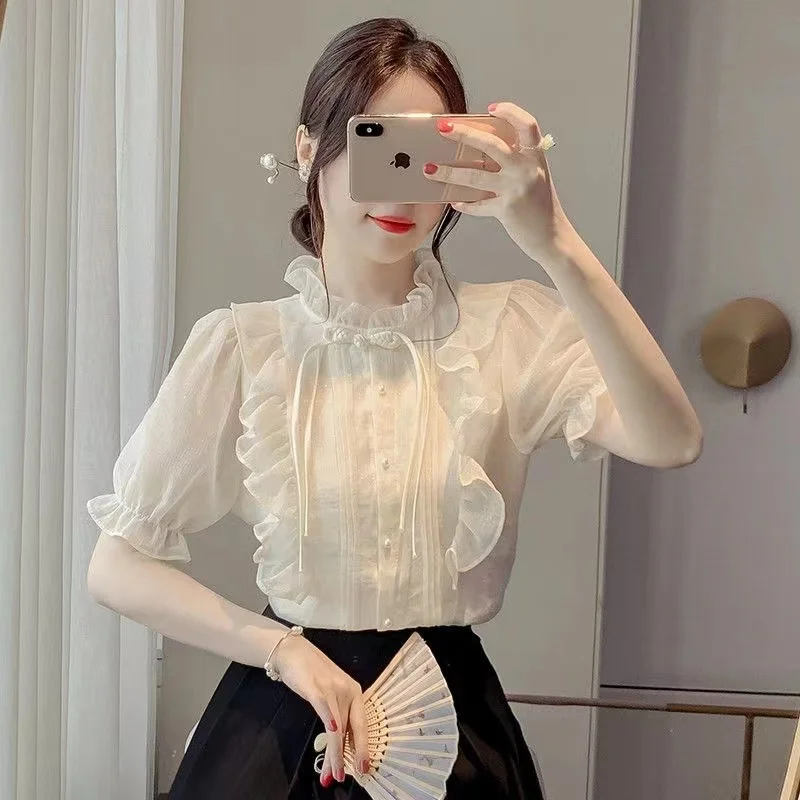 New Chinese Button French Ruffled Lace Gentle Chiffon Shirt 2025 Summer Fashion Temperament New Design Small Shirt Stylish Top