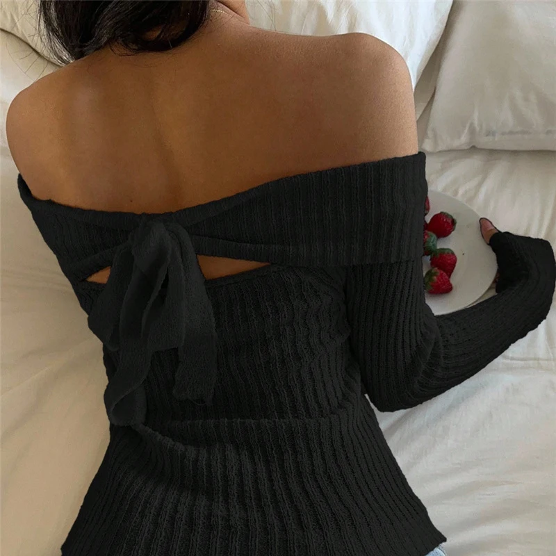 

Осенние сексуальные джемперы с открытыми плечами, женские повседневные свитера с длинными рукавами, зимние элегантные однотонные тонкие вязаные топы в рубчик