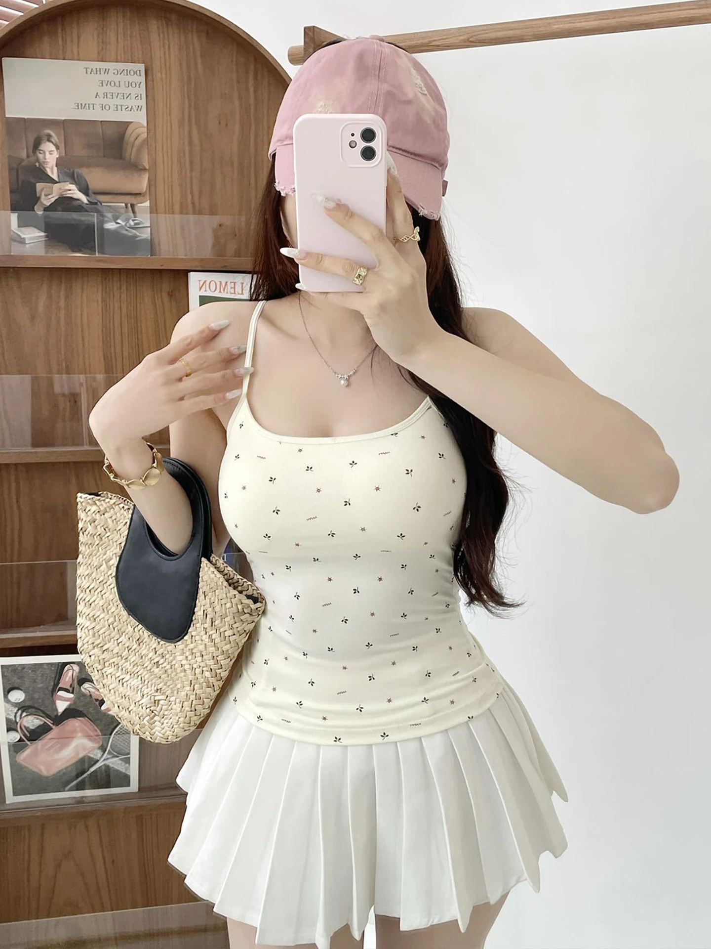 Floral Print Crop Top Women's Slim Fit Tank Top Inner And Outer Wear Summer  Backless Strap Vest Elastic Close Fit