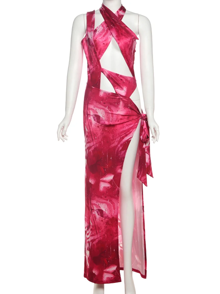 kliou Onregelmatige Uitgesneden Vrouwen Maxi Jurken Sexy Tie Dye Halter Lage Hals Hoge Split Bodycon Mode Zomer Feest Festival Japon