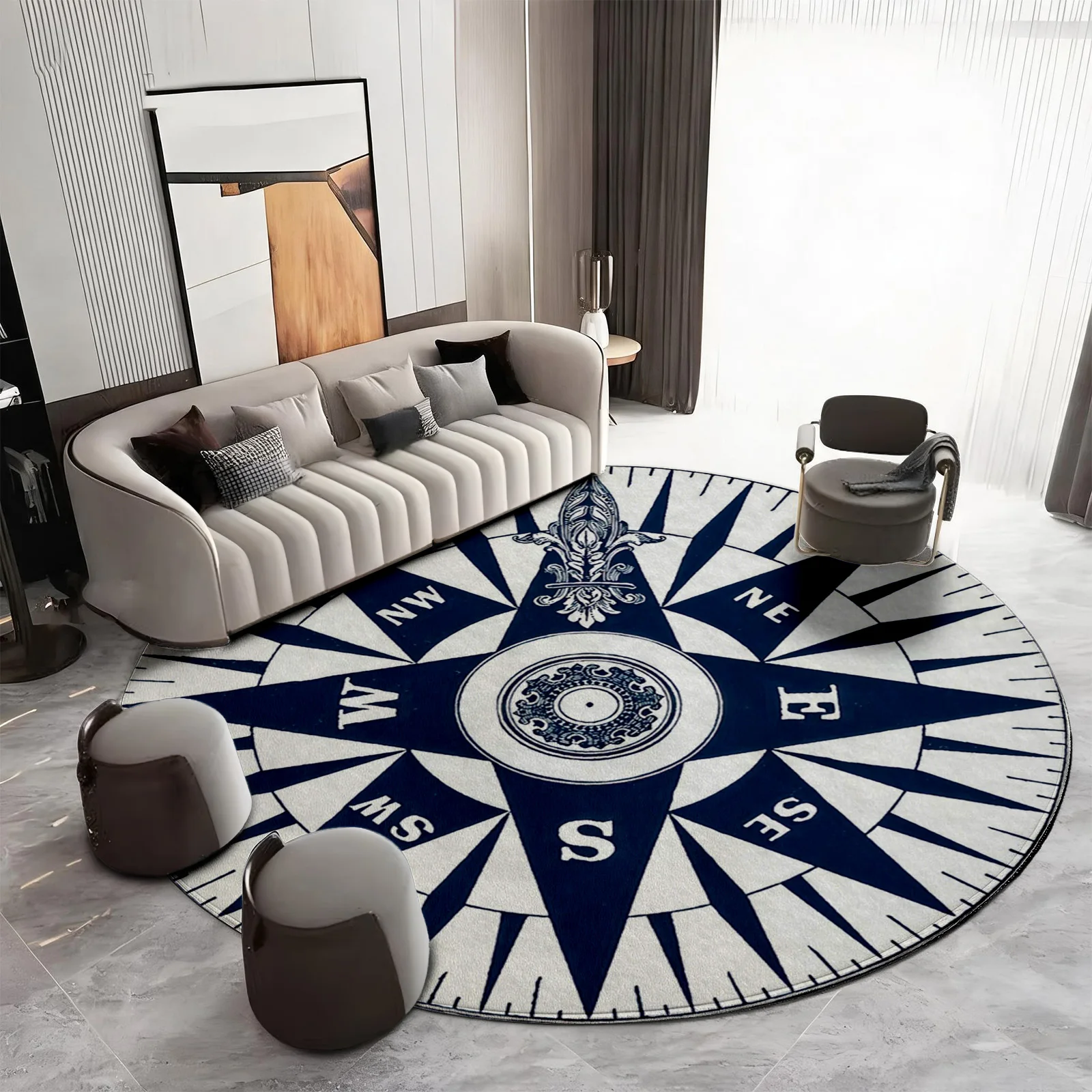 Decorative Round Compass Rose Area Rug Navy Blue Nautical Directional Design Floor Mat for Living Room Decor Boho Washable Moder