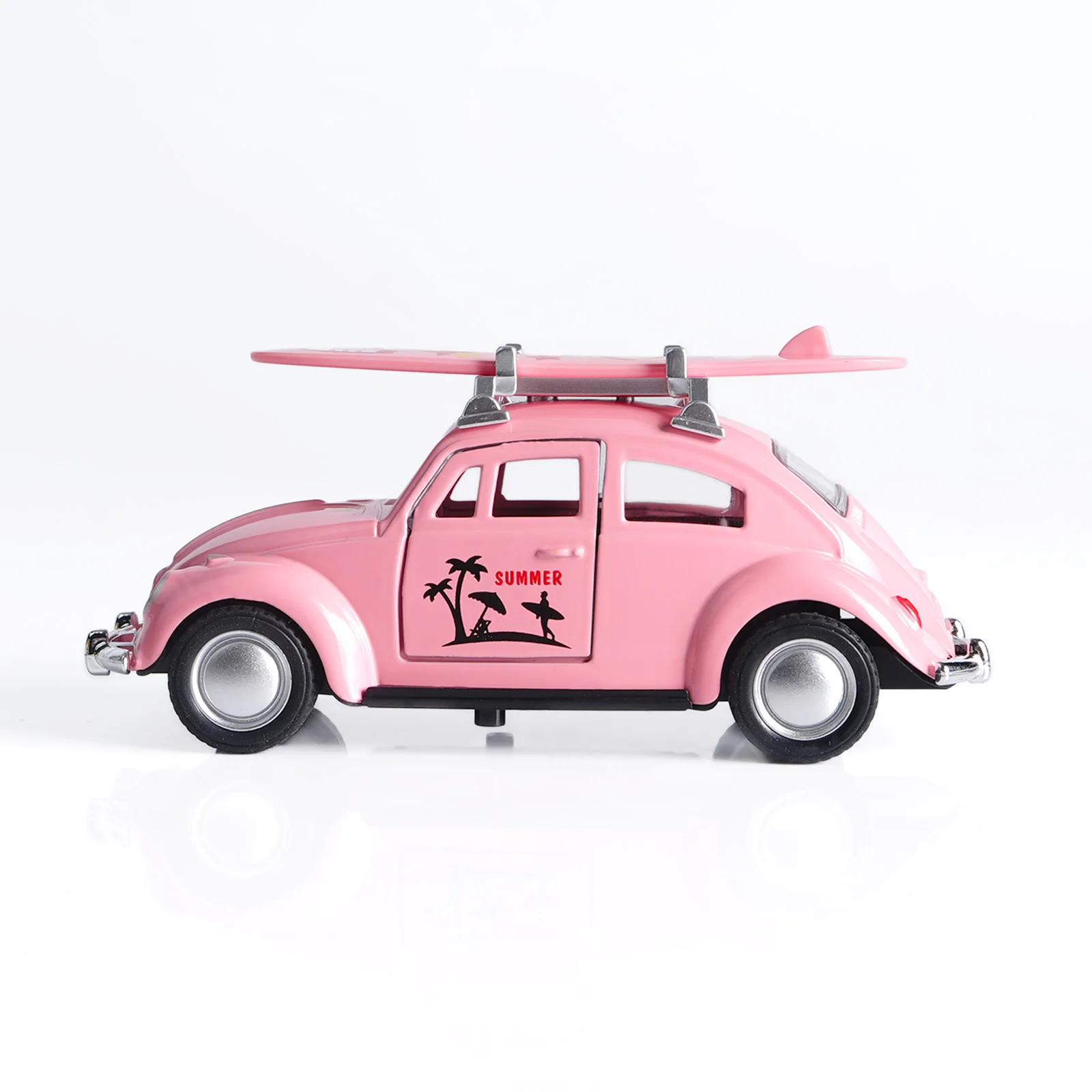 1:36 Pink Volkswagen Beetle Diecast Car with Surfboard, Alloy Pull-Back Model with Open Doors, Retro Summer Beach Toy for Kids view 4