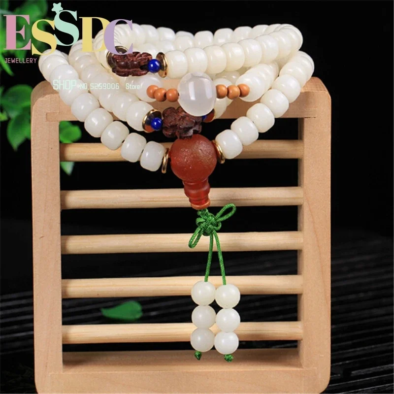 

Handmade Natural Hainan White Bodhi Root Women's 108 Mala Beads or Necklace with Flower Charm Bracelet Dropship