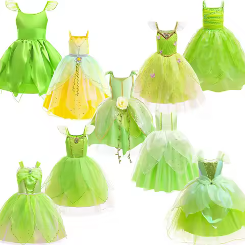 Tinker Bell Girl Fairy Princess Dress Girl Cosplay Elf Costume Tinkerbell Halloween Carnival Party Clothes Fantasy Green Vestido