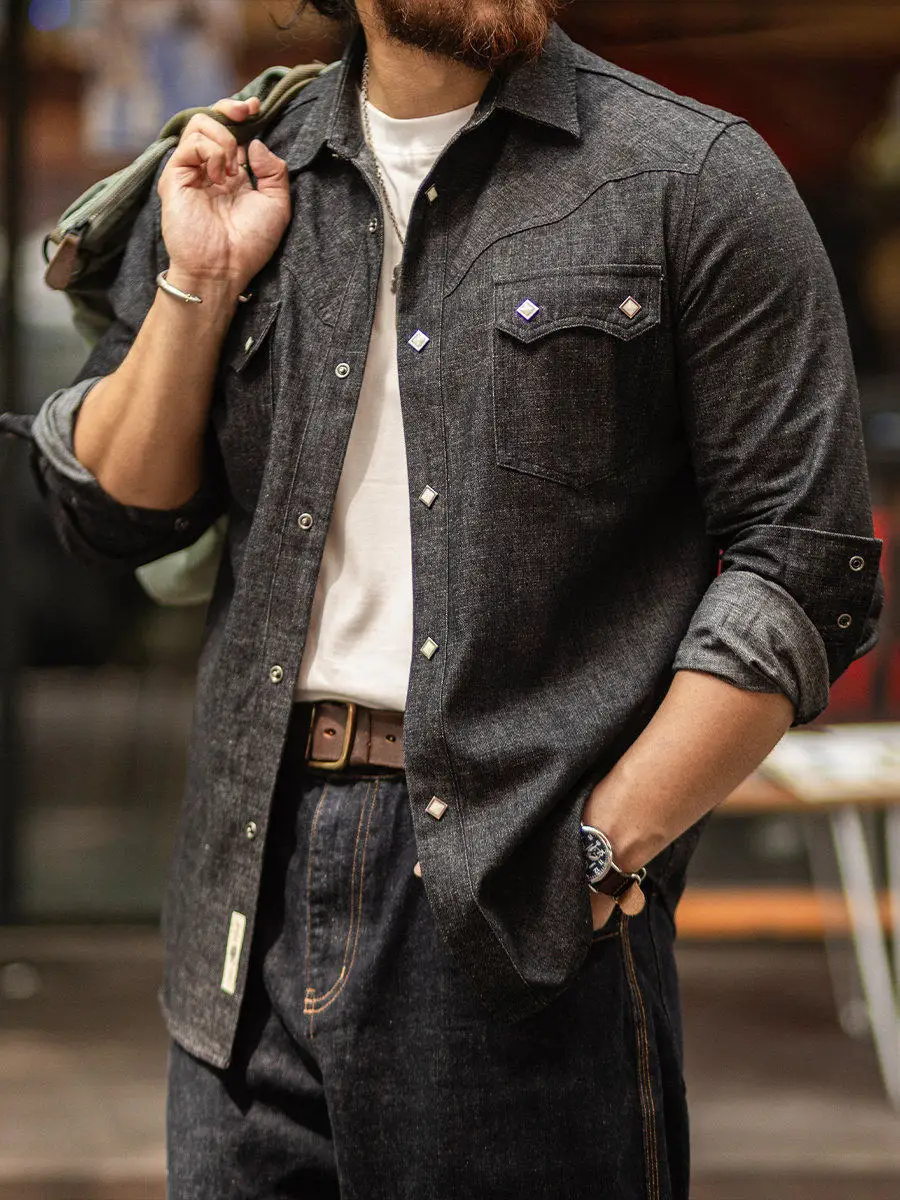 

Loose Fit Casual Long Sleeve Men's Denim Shirt American Western Cowboy Style Autumn New Arrival Outerwear by Other Brand