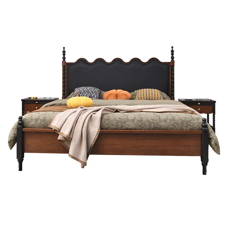 

Retro ripple solid wood 1.8 meters master bedroom queen high-end leather bed