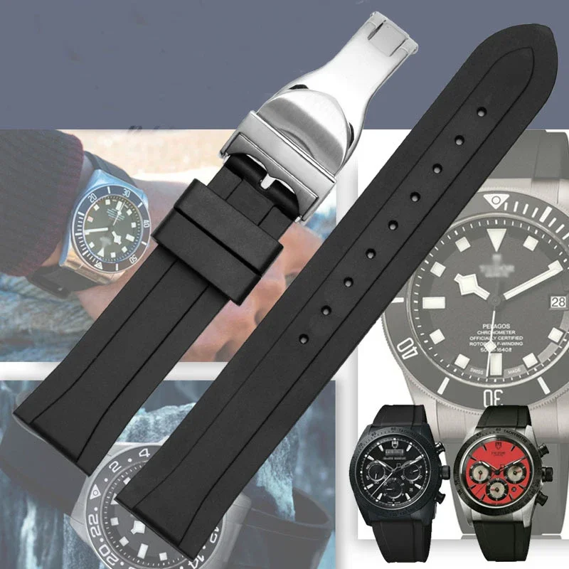 20mm 22mm Watchband Black Waterproof Silicone Rubber Replacement Wrist Watch Band Strap Silver Deployments Clasp For Tudor strap