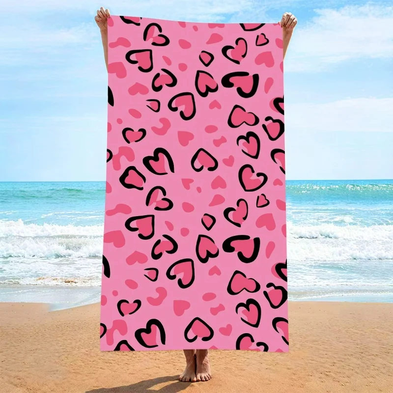 Newest Beach Towel Hot Pink Leopard Print White Love Heart Text Quick Dry Beach Towel Valentines Women Swimming Towel
