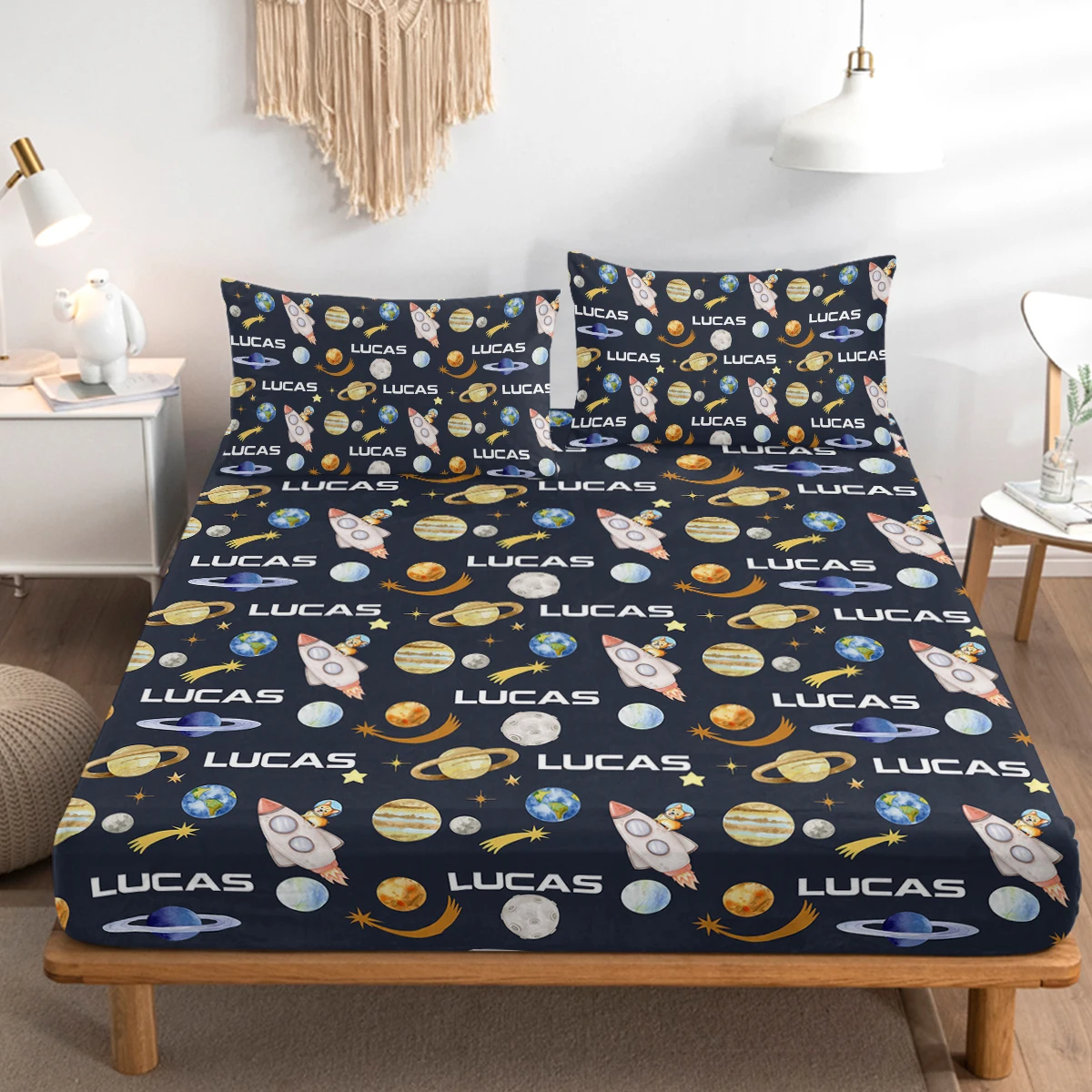 Rocket and Satellite Design Fitted Sheet 3 Piece Bed Sheet Sets with 2 Pillowcases Suitable for All Seasons