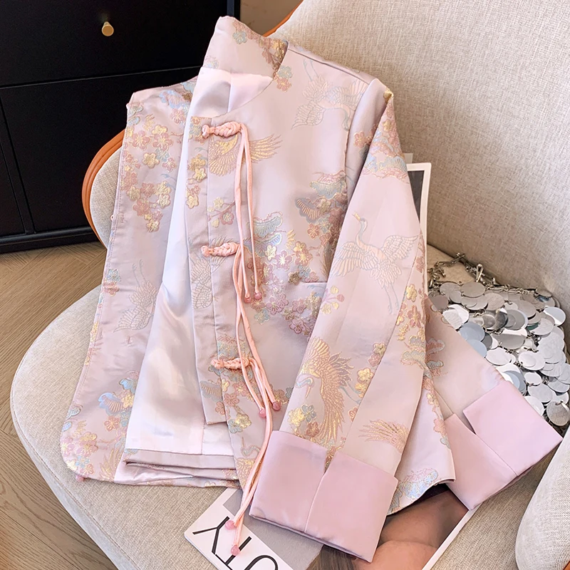 Pink New Chinese Style Buckle Crew Neck Coat Women's Early Spring Design Sense Embroidered Long-Sleeved Top