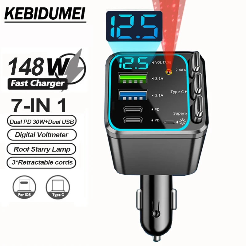 7-in-1 einziehbares Autoladegerät mit Dach-Sternenlampe, 148 W max. 4 Ports USB + PD-Telefonladegerät, schnelles Aufladen mit digitalem Voltmeter