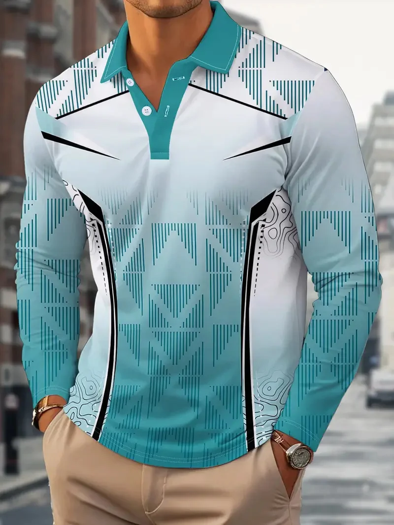 

3D Geometic Stripe Print Polo Shirt For Men Fashion Cool Long Sleeve Button Lapel Tops Autumn Winter Outdoor Street Male Clothes