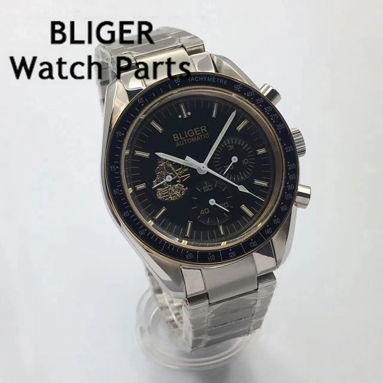 

BLIGER 40mm Six The Needle Mechanical Men WatchesAutomatic Mechanical Wristwatch Fluorescent Blue Black Dial Luminous Case Date