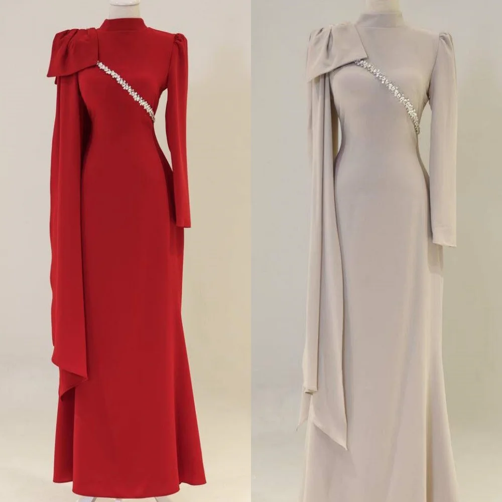 

Customized Modern Style Elegant Jersey Rhinestone Bow Straight High Collar Long Dresses Bespoke Occasion Dresses Fashion Classic