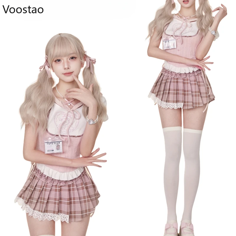 Conjunto de 2 Peças Estilo Lolita Kawaii para Mulheres, Urso Doce dos Desenhos Animados Blusa Manga Curta, Mini Saias Xadrez Y2K, Terno Feminino Coreano