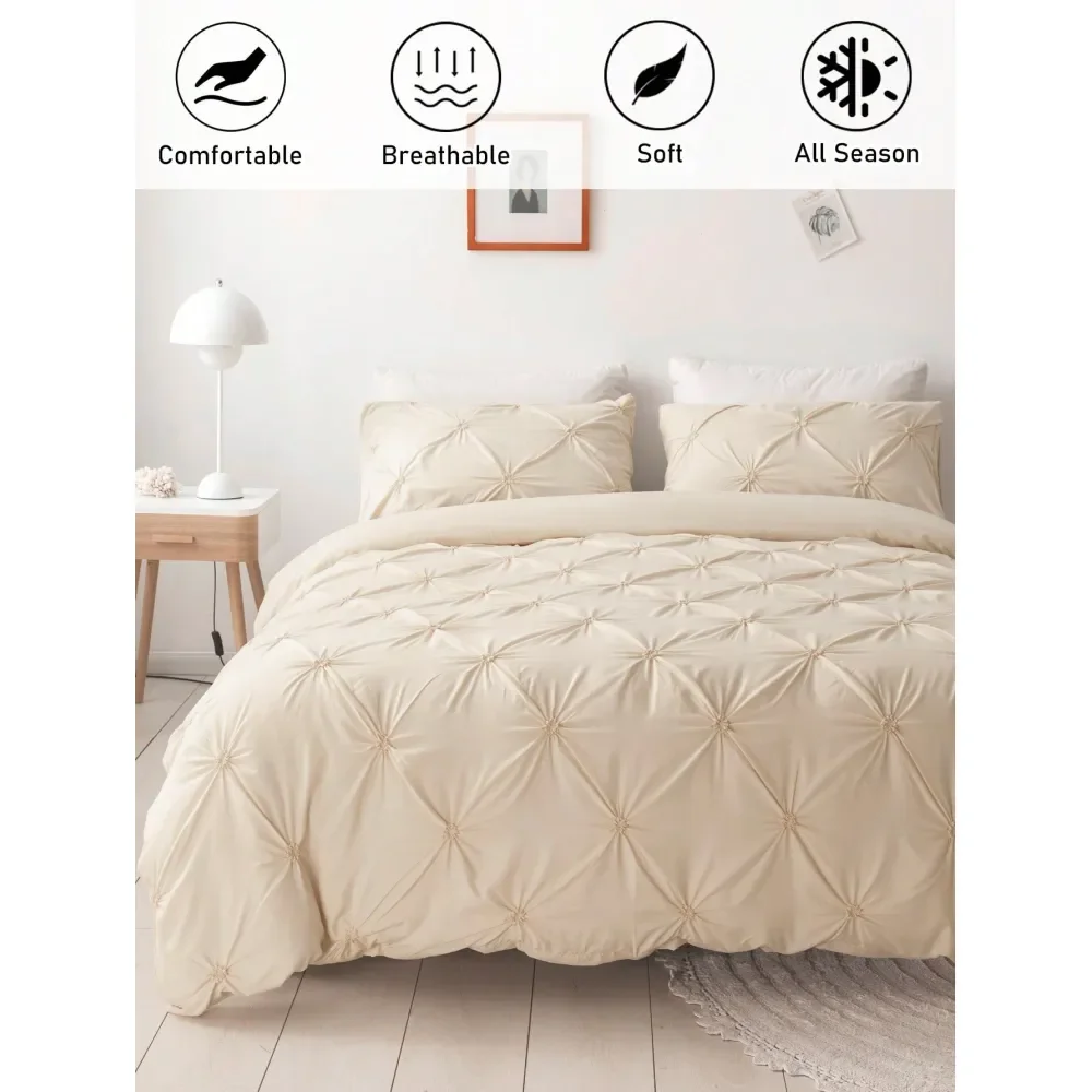 

3pcs Khaki Pleated Polyester Duvet Cover Set, Luxury Modern Bedding Set, King Size, Suitable For All Seasons, Soft Breathable,