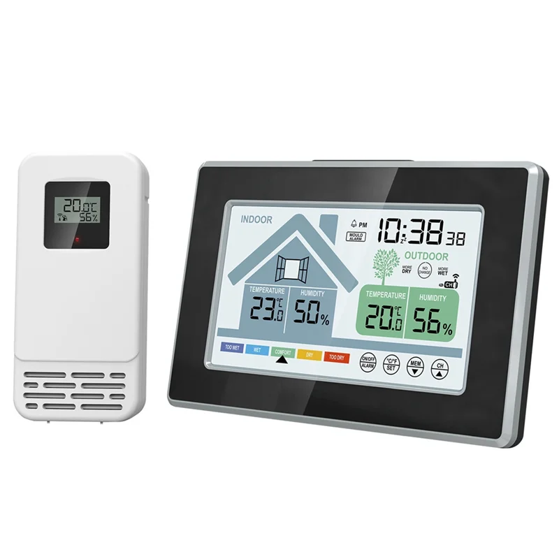 

-A99Z Indoor Outdoor Temperature Humidity Meters Mould Alarm Weather Station Touch Screen Button Electronic Weather Alarm Clock