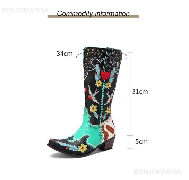 BONJOMARISA Western Cowboy Women Boots Cowgirl Mid Calf Boots Heart Retro Embroidered Slip On Chunky Casual Spring Shoes Woman