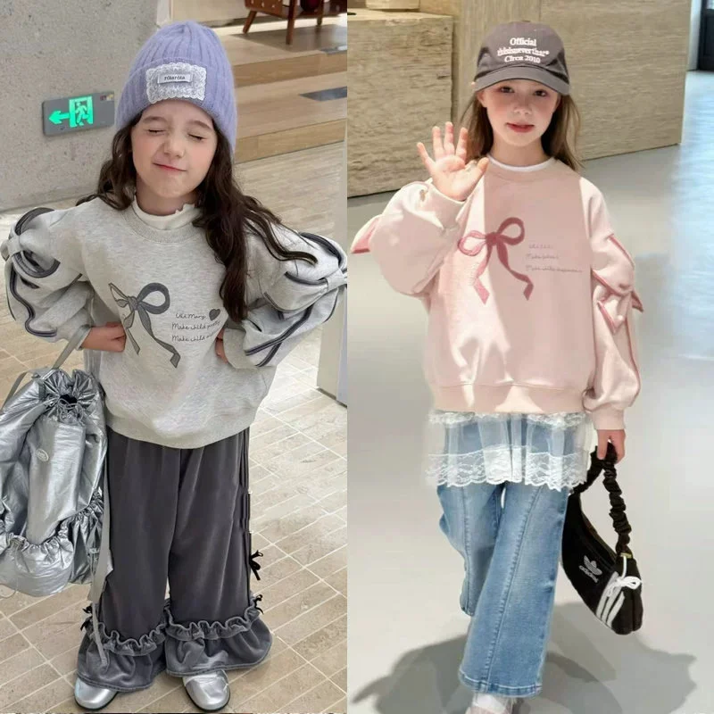 

Children's Bow-Tie Sweatshirts Spring Girls Cute Long-Sleeved Pullover Kids Casual Loose Jumper Autumn New Fashion Clothing 2-8Y