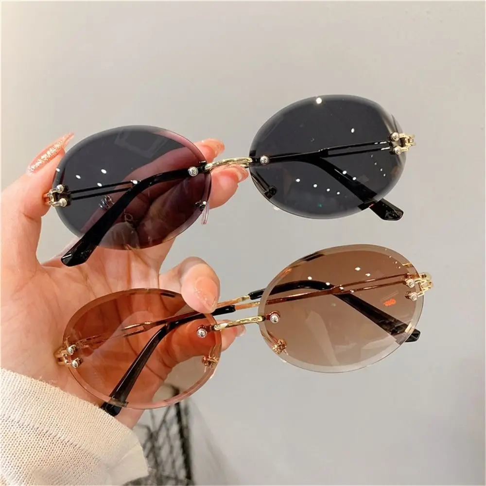 Vintage Metal Oval Sunglasses UV400 Protection Gradient Lens Punk Sun Glasses Rimless Frameless Shades for Women & Men