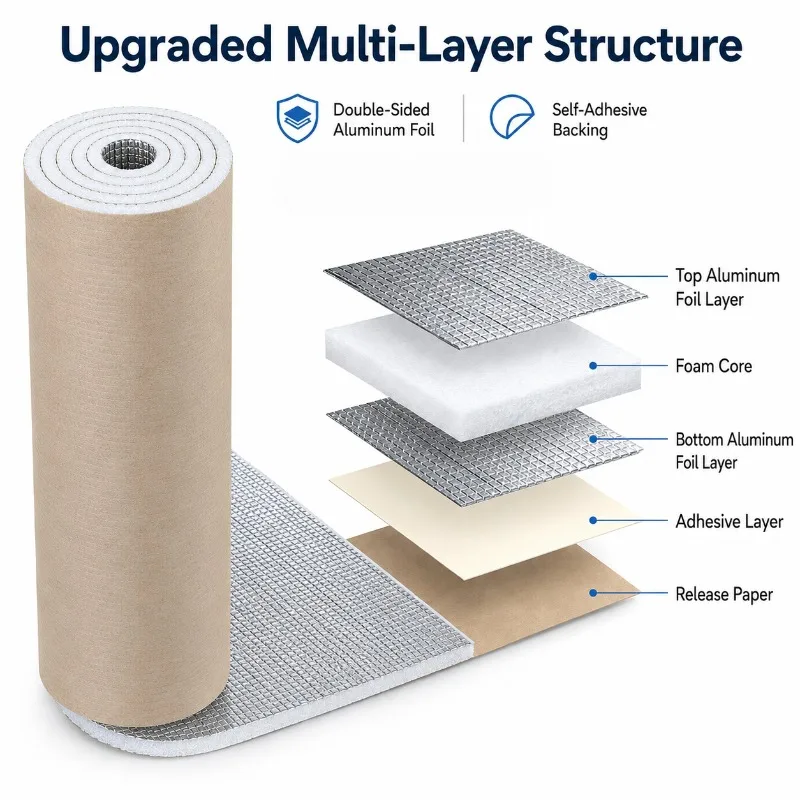 7mm Thick Double-sided Aluminum Foil Insulation Roll with Self-adhesive Kraft Paper Backing Heat Sound Proof Reflective Foam Mat
