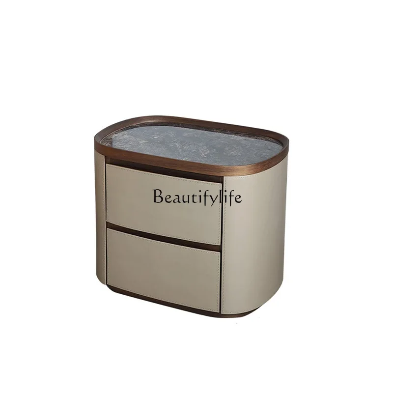 

Italian light luxury rock slab bedside table saddle leather solid wood locker household