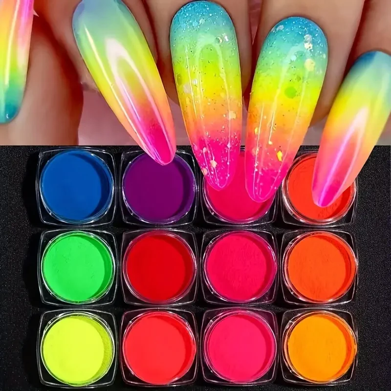 12Pcs Neon Phosphor Pigment Nail Powder Set Fluorescent Nail Glitter Chrome Gradient Ombre Rubbing Neon Dust Halloween Nail Art