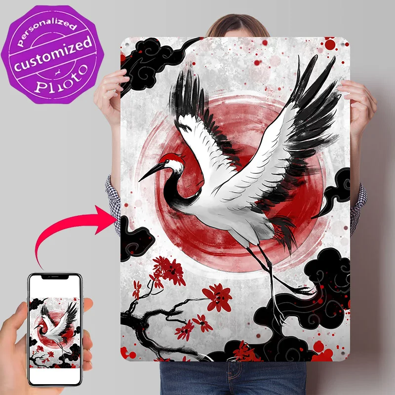 Japanese Crane With Red Sun Digital Art Metal Poster Perfect Gift for Fans Lovers Customized Wall Art Metal Sign for Room Decor
