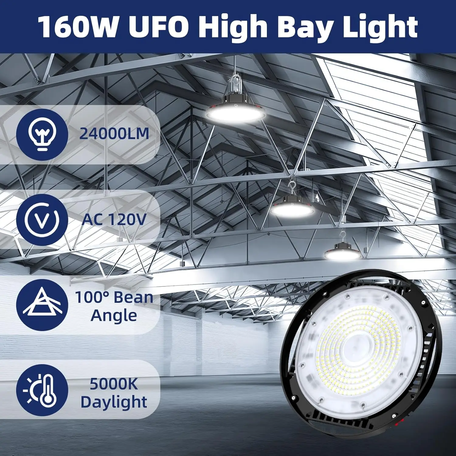 160W  High Bay Lights with US Plug,   Lights 24000LM for Garage Workshop Barn Factory Warehouse, UL Listed