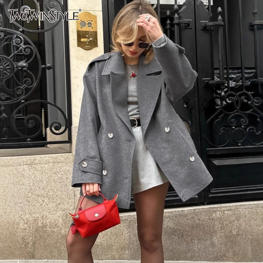 

TWOTWINSTYLE модное шерстяное пальто средней длины для женщин с острым воротником и длинными рукавами, двубортная повседневная женская куртка