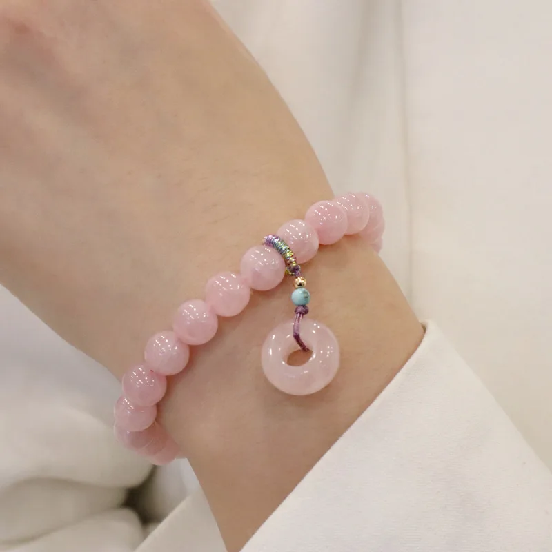 Minar Korean Fashion 8mm Pink Color Natural Stone Crystal Peace Buckle Flower Beaded Strand Bracelets for Women Anniversary Gift