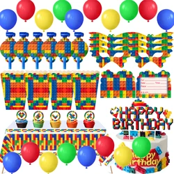 Building Blocks Colorful Party Decorations Tableware Set Gift Cards Cake Topper Balloon Toys For Kids Birthday Party Supplies