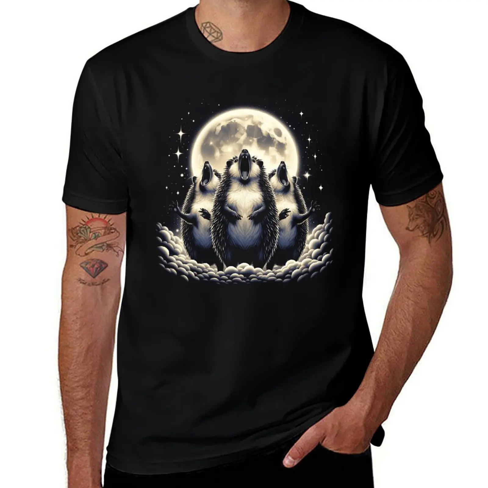 

Three Hedgehogs Howling at Moon Like Three Wolves Funny T-Shirt man t shirt cheap stuff Funny t-shirt plain white t shirts men