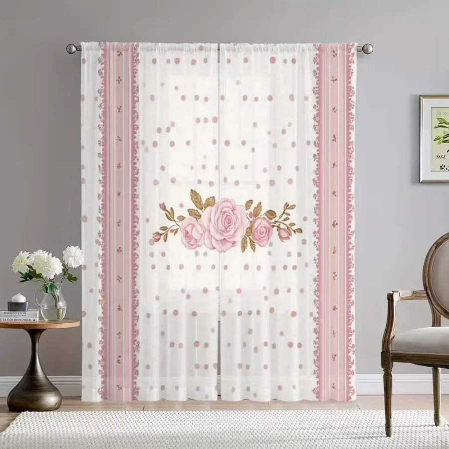2PCS Digital Print Sheer Curtains, Polka Dot Pink Roses, Vintage Romantic Shabby Chic for Bedroom Living Room Home Decor