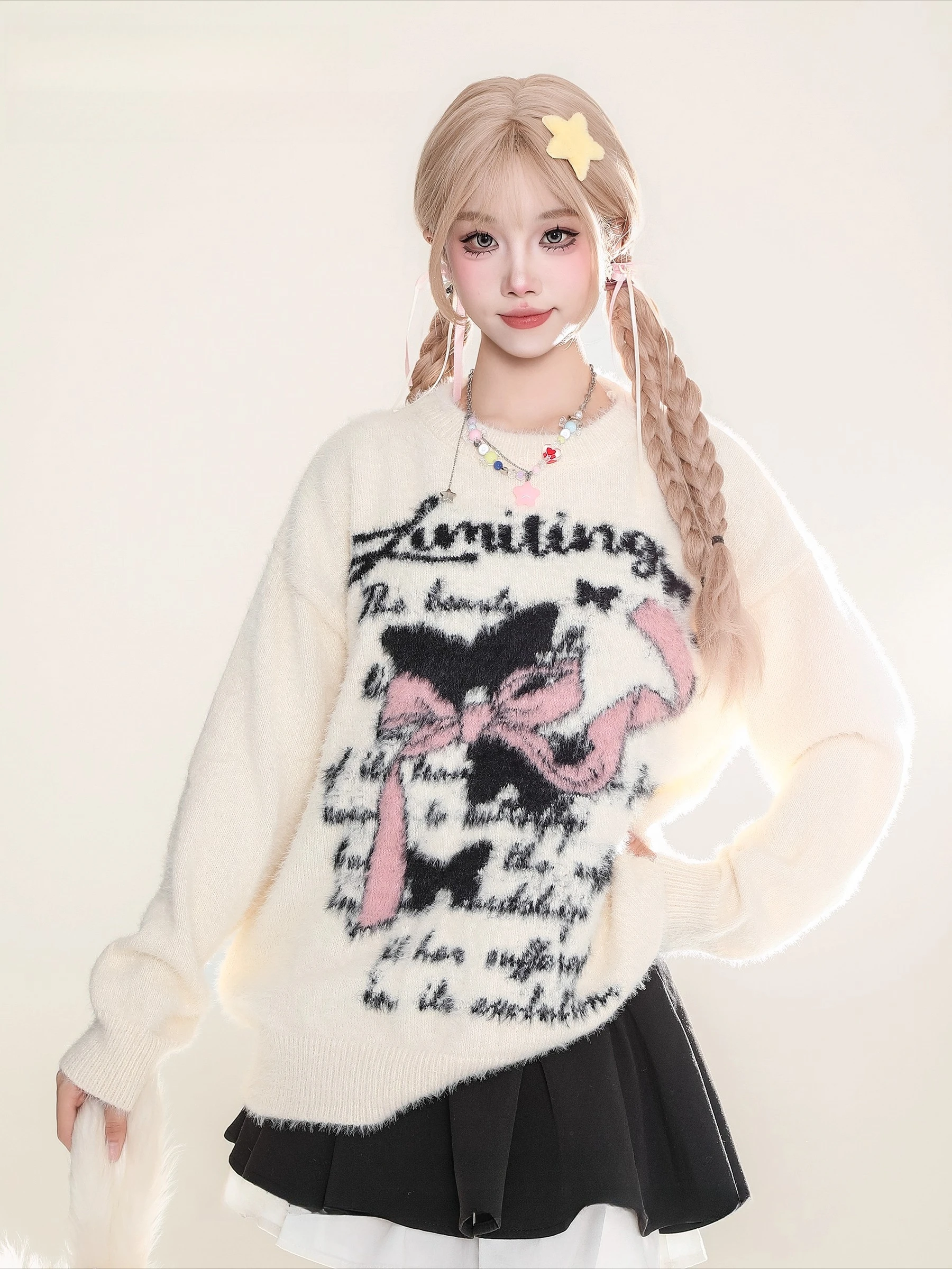 Autumn Winter Woman Korean Fashion Cute Pullover Sweet 2000s Sweater Elegant Oversize Knitwears Designer Aesthetic Chic Female